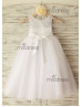 Ivory Lace Tulle Wedding Flower Girl Dress With Flower Sash